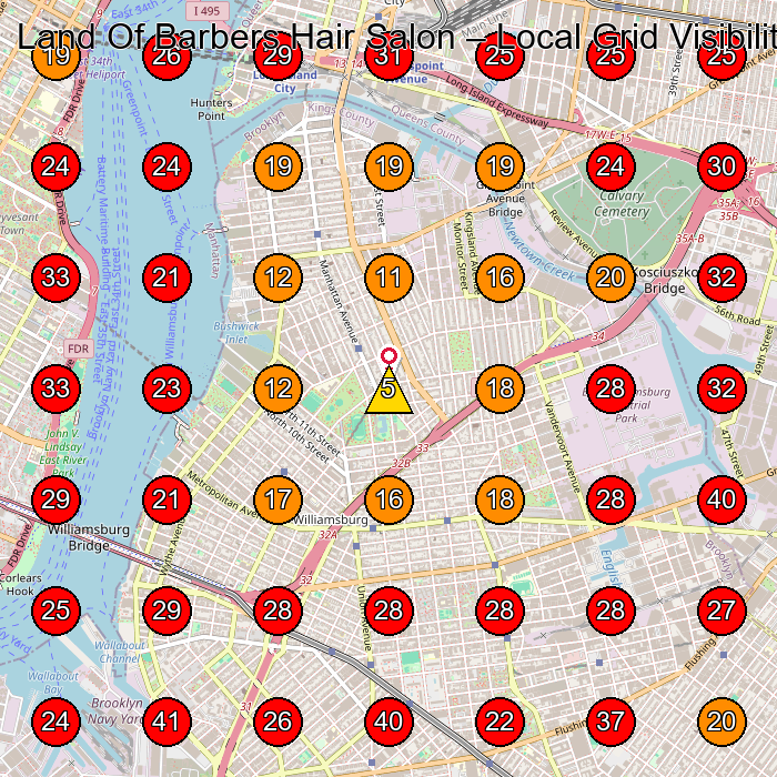 Land Of Barbers Hair Salon GeoGrid visibility map for Hair Salon in Brooklyn